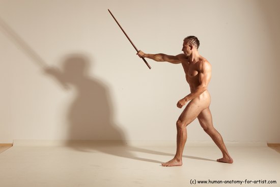 Nude Fighting with sword Man White Standing poses - ALL Muscular Short Brown Standing poses - simple Dynamic poses Realistic