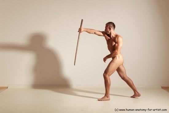 Nude Fighting with sword Man White Standing poses - ALL Muscular Short Brown Standing poses - simple Dynamic poses Realistic