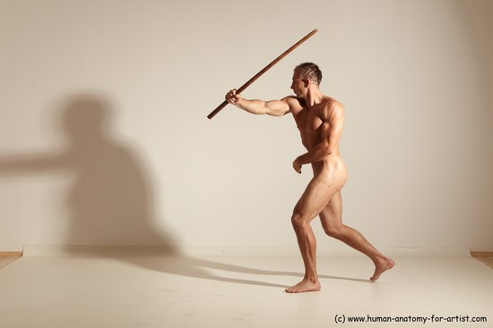 Nude Fighting with sword Man White Standing poses - ALL Muscular Short Brown Standing poses - simple Dynamic poses Realistic