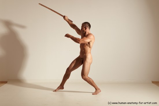 Nude Fighting with sword Man White Standing poses - ALL Muscular Short Brown Standing poses - simple Dynamic poses Realistic