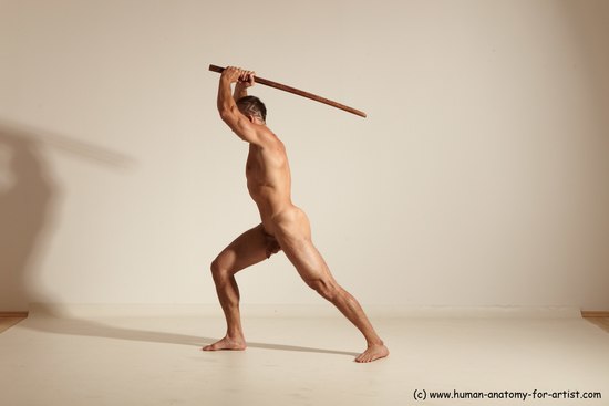 Nude Fighting with sword Man White Standing poses - ALL Muscular Short Brown Standing poses - simple Dynamic poses Realistic