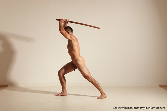 Nude Fighting with sword Man White Standing poses - ALL Muscular Short Brown Standing poses - simple Dynamic poses Realistic