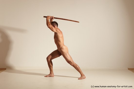 Nude Fighting with sword Man White Standing poses - ALL Muscular Short Brown Standing poses - simple Dynamic poses Realistic