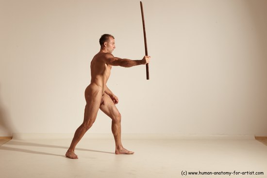 Nude Fighting with sword Man White Standing poses - ALL Muscular Short Brown Standing poses - simple Dynamic poses Realistic