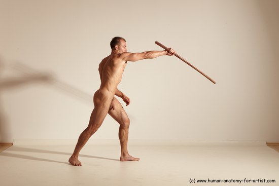 Nude Fighting with sword Man White Standing poses - ALL Muscular Short Brown Standing poses - simple Dynamic poses Realistic