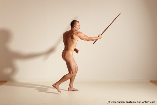 Nude Fighting with sword Man White Standing poses - ALL Muscular Short Brown Standing poses - simple Dynamic poses Realistic