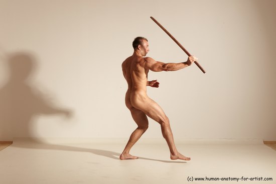 Nude Fighting with sword Man White Standing poses - ALL Muscular Short Brown Standing poses - simple Dynamic poses Realistic