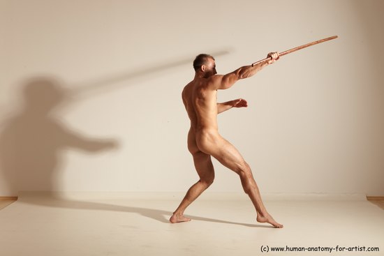 Nude Fighting with sword Man White Standing poses - ALL Muscular Short Brown Standing poses - simple Dynamic poses Realistic