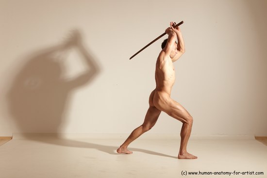 Nude Fighting with sword Man White Standing poses - ALL Muscular Short Brown Standing poses - simple Dynamic poses Realistic