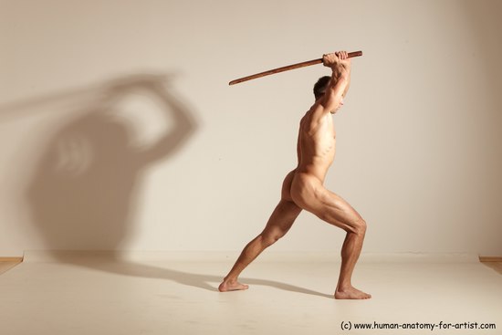 Nude Fighting with sword Man White Standing poses - ALL Muscular Short Brown Standing poses - simple Dynamic poses Realistic