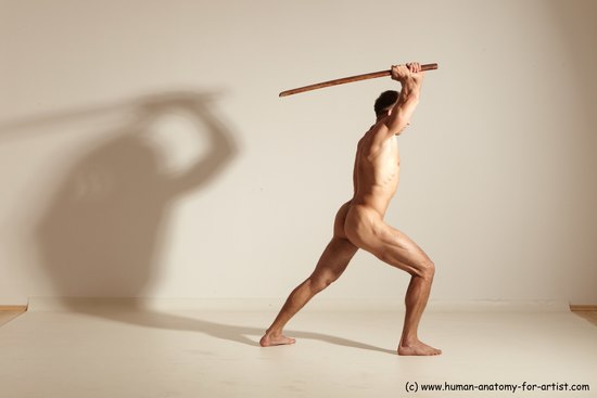 Nude Fighting with sword Man White Standing poses - ALL Muscular Short Brown Standing poses - simple Dynamic poses Realistic