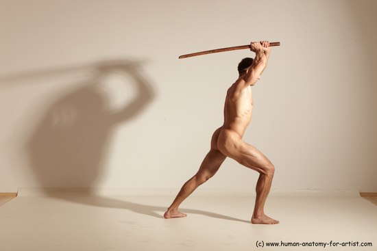 Nude Fighting with sword Man White Standing poses - ALL Muscular Short Brown Standing poses - simple Dynamic poses Realistic