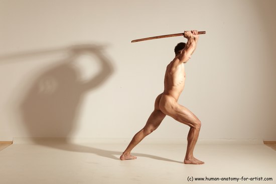 Nude Fighting with sword Man White Standing poses - ALL Muscular Short Brown Standing poses - simple Dynamic poses Realistic