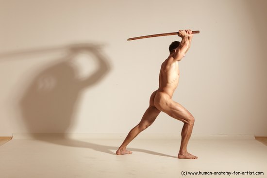 Nude Fighting with sword Man White Standing poses - ALL Muscular Short Brown Standing poses - simple Dynamic poses Realistic