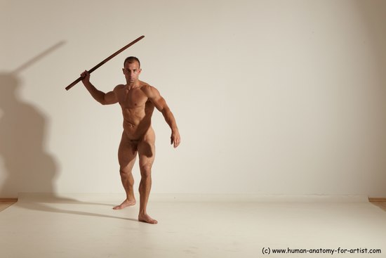 Nude Fighting with sword Man White Standing poses - ALL Muscular Short Brown Standing poses - simple Dynamic poses Realistic