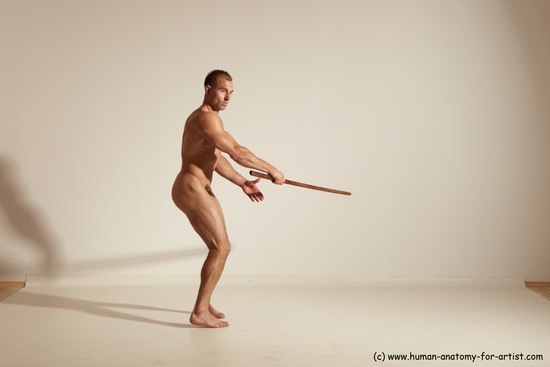 Nude Fighting with sword Man White Standing poses - ALL Muscular Short Brown Standing poses - simple Dynamic poses Realistic