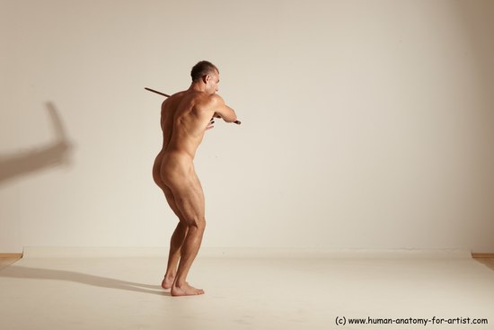 Nude Fighting with sword Man White Standing poses - ALL Muscular Short Brown Standing poses - simple Dynamic poses Realistic