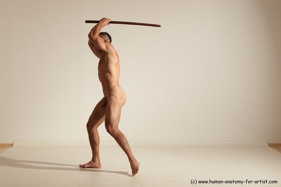 Nude Fighting with sword Man White Standing poses - ALL Muscular Short Brown Standing poses - simple Dynamic poses Realistic