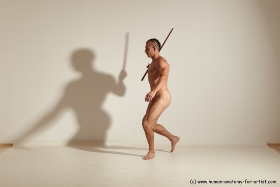 Nude Fighting with sword Man White Standing poses - ALL Muscular Short Brown Standing poses - simple Dynamic poses Realistic