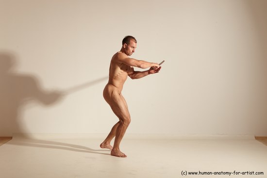 Nude Fighting with sword Man White Standing poses - ALL Muscular Short Brown Standing poses - simple Dynamic poses Realistic