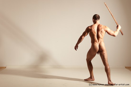 Nude Fighting with sword Man White Standing poses - ALL Muscular Short Brown Standing poses - simple Dynamic poses Realistic