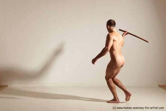 Nude Fighting with sword Man White Standing poses - ALL Muscular Short Brown Standing poses - simple Dynamic poses Realistic