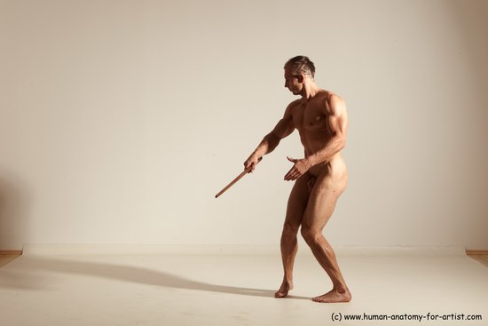 Nude Fighting with sword Man White Standing poses - ALL Muscular Short Brown Standing poses - simple Dynamic poses Realistic