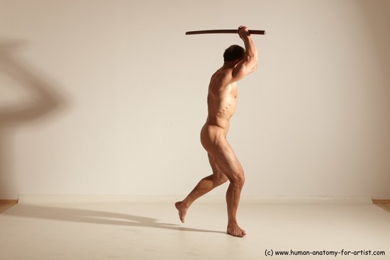 Nude Fighting with sword Man White Standing poses - ALL Muscular Short Brown Standing poses - simple Dynamic poses Realistic