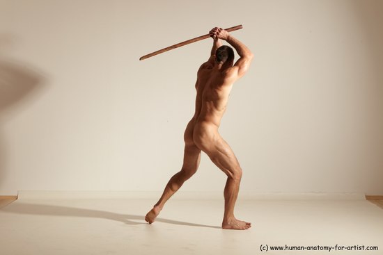 Nude Fighting with sword Man White Standing poses - ALL Muscular Short Brown Standing poses - simple Dynamic poses Realistic