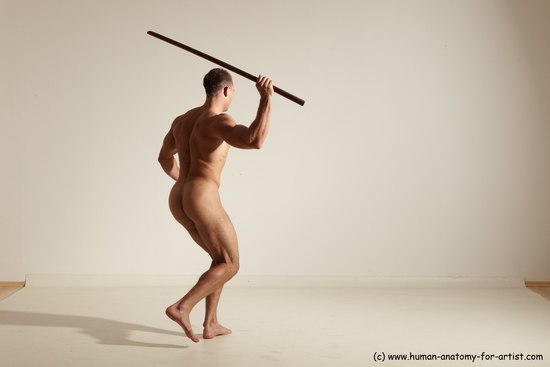 Nude Fighting with sword Man White Standing poses - ALL Muscular Short Brown Standing poses - simple Dynamic poses Realistic