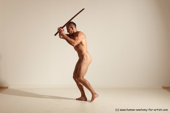 Nude Fighting with sword Man White Standing poses - ALL Muscular Short Brown Standing poses - simple Dynamic poses Realistic