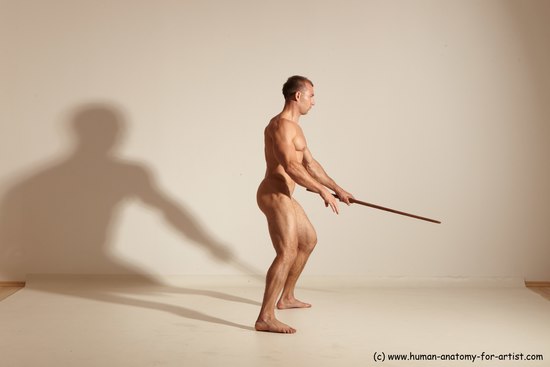 Nude Fighting with sword Man White Standing poses - ALL Muscular Short Brown Standing poses - simple Dynamic poses Realistic