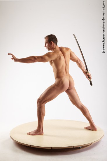 Nude Fighting with sword Man White Standing poses - ALL Muscular Short Brown Standing poses - simple Realistic