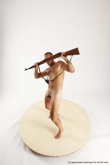 Nude Fighting with rifle Man White Standing poses - ALL Slim Short Brown Standing poses - simple Multi angles poses Realistic