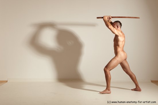 Nude Fighting with sword Man White Standing poses - ALL Muscular Short Brown Standing poses - simple Dynamic poses Realistic