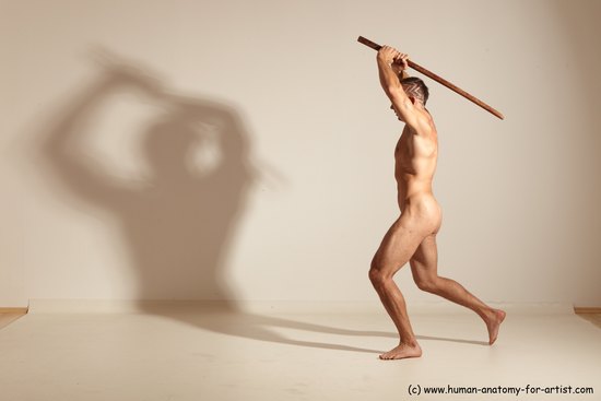 Nude Fighting with sword Man White Standing poses - ALL Muscular Short Brown Standing poses - simple Dynamic poses Realistic