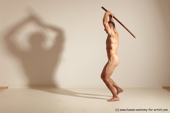 Nude Fighting with sword Man White Standing poses - ALL Muscular Short Brown Standing poses - simple Dynamic poses Realistic