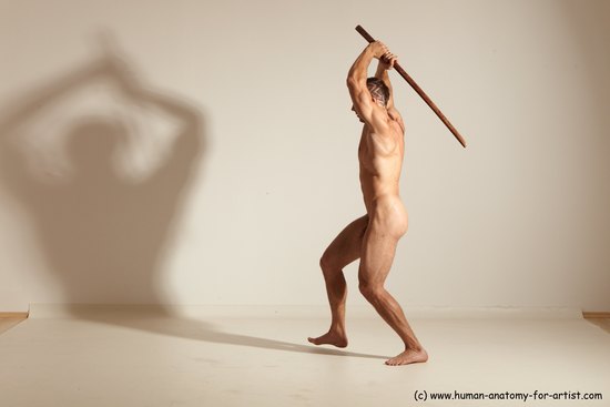 Nude Fighting with sword Man White Standing poses - ALL Muscular Short Brown Standing poses - simple Dynamic poses Realistic