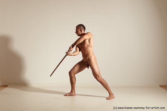 Nude Fighting with sword Man White Standing poses - ALL Muscular Short Brown Standing poses - simple Dynamic poses Realistic