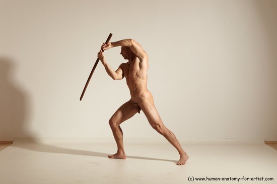 Nude Fighting with sword Man White Standing poses - ALL Muscular Short Brown Standing poses - simple Dynamic poses Realistic