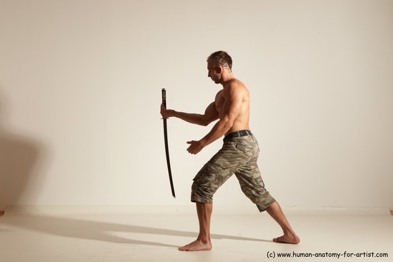 Casual Fighting with sword Man White Standing poses - ALL Muscular Short Brown Standing poses - simple Dynamic poses Academic