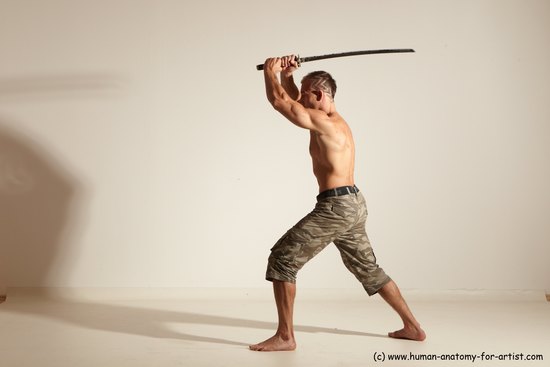 Casual Fighting with sword Man White Standing poses - ALL Muscular Short Brown Standing poses - simple Dynamic poses Academic