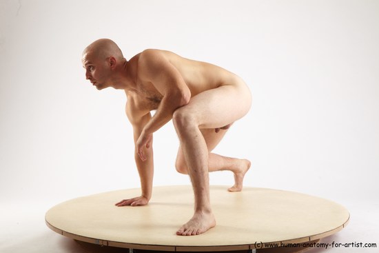 Nude Man White Standing poses - ALL Slim Bald Standing poses - knee-bend Realistic