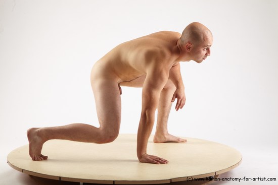 Nude Man White Standing poses - ALL Slim Bald Standing poses - knee-bend Realistic