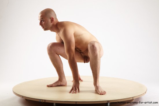 Nude Man White Standing poses - ALL Slim Bald Standing poses - knee-bend Realistic