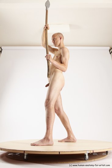 Nude Fighting with spear Man White Standing poses - ALL Slim Bald Standing poses - simple Multi angles poses Realistic