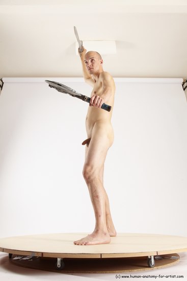 Nude Fighting with sword Man White Standing poses - ALL Slim Bald Standing poses - simple Multi angles poses Realistic