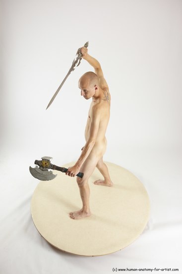 Nude Fighting with sword Man White Standing poses - ALL Slim Bald Standing poses - simple Multi angles poses Realistic