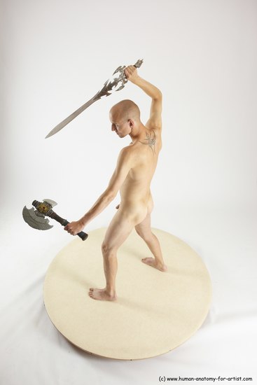 Nude Fighting with sword Man White Standing poses - ALL Slim Bald Standing poses - simple Multi angles poses Realistic