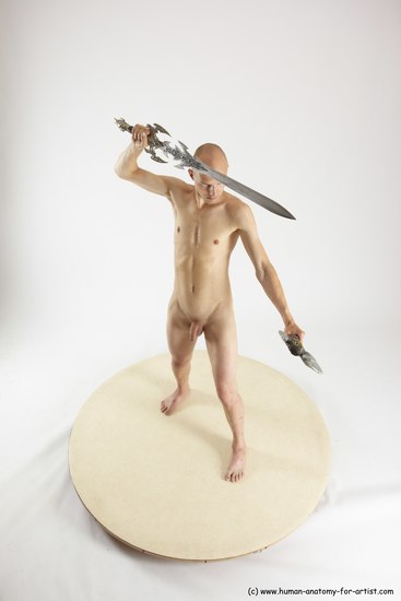 Nude Fighting with sword Man White Standing poses - ALL Slim Bald Standing poses - simple Multi angles poses Realistic